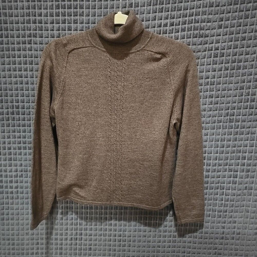 Brown Merino Wool Turtleneck Sweater SzLg SOFT Thin Stretch Cableknit Preppy VTG